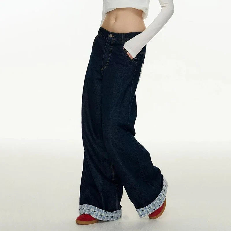 Casual Plaid Patchwork Vintage High Waist Jeans