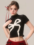 Women Retro Vintage Gothic Bow Print Crop T-Shirt