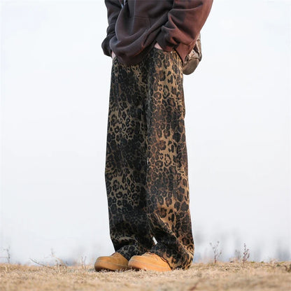 Retro Leopard Print Wide Leg Jeans