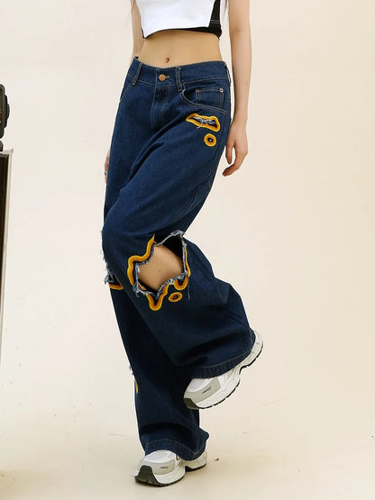 Womens Retro Flame Loose Ripped Jeans