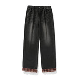 Plaid Distressed Straight Denim Jeans
