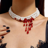 Blood Pattern Imitation Pearl Tassel Necklace