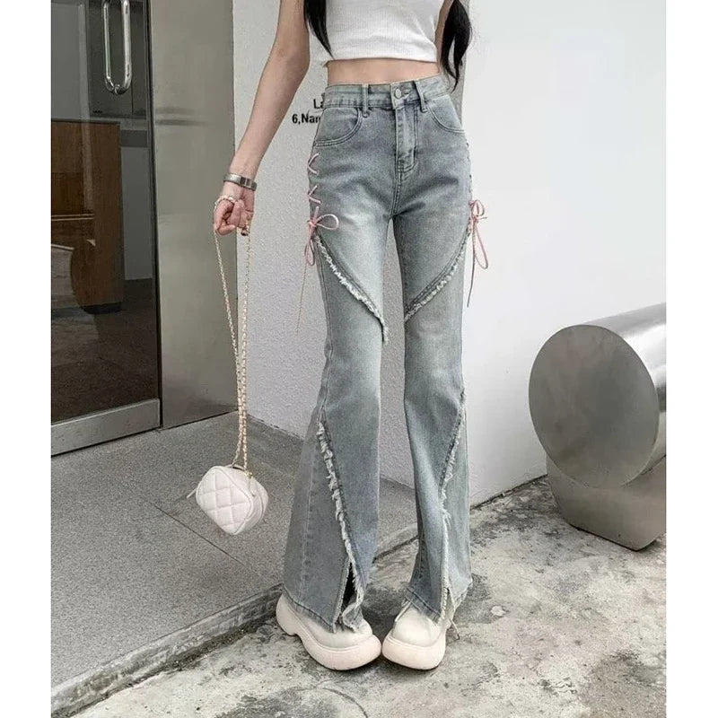 Retro Korean Tassel Split Flared Jeans