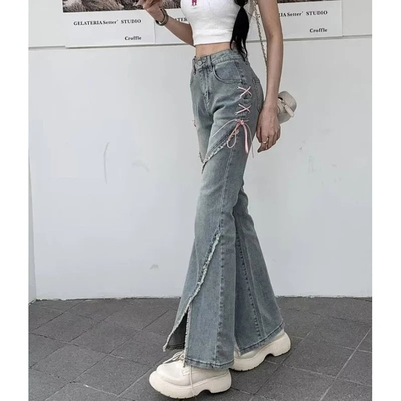 Retro Korean Tassel Split Flared Jeans