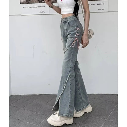 Retro Korean Tassel Split Flared Jeans