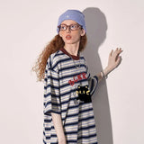 Women Retro Hip Hop Stylish Black Cat Print Striped T-Shirt