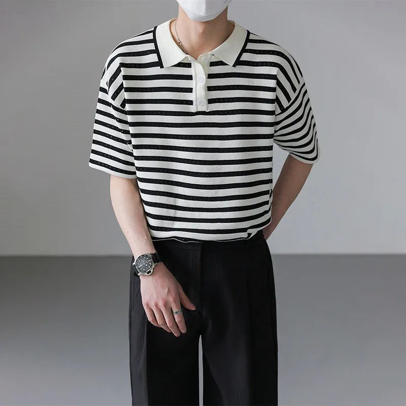Classic Luxury Striped Polo Button Down T-Shirt