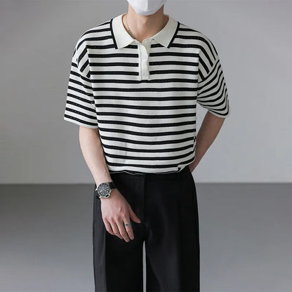 Classic Luxury Striped Polo Button Down T-Shirt