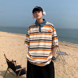 Japanese Style Color Blocked Striped Lapel T-Shirt