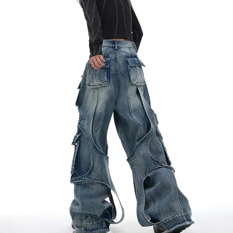Patchwork Irregular Ribbon Wide Leg Baggy Jeans