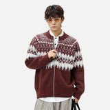 Soft Textured Knit Fair Isle Zipper Cardigan