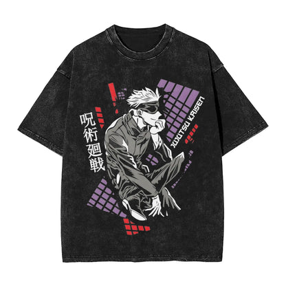 Anime Girl Dinner Print Washed T-Shirt