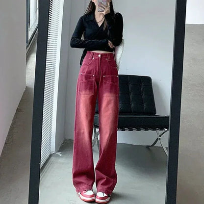 Wine Red Retro European Style Jeans