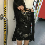 Model wearing the black Off-Shoulder Long-Sleeve T-shirt