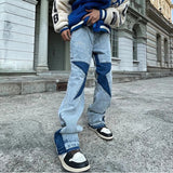 Blue Star Letter Embroidery Straight Denim Pants