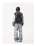Flame Mixed Knit Embroidery Colorblock Jacket