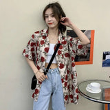 Women Korean Style Vintage Rose Print Short Sleeve Shirt