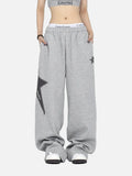 Grey Calvin Klein crop top, oversized grey sweatpants with star, white sneakers, white background.
