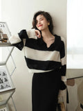 Comfy Striped Mohair Wool Polo Collar Sweater