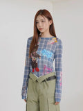 Blue Plaid Graphic Long Sleeve T-Shirt