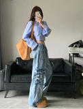 Women Retro Comfort Vintage Blue High Waist Cargo Jeans