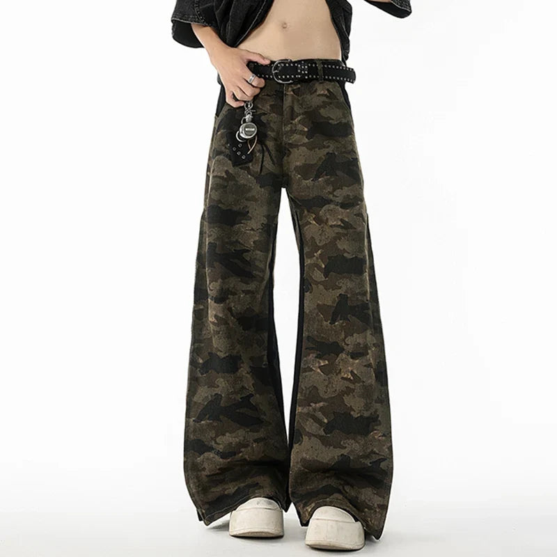 American Style Zipper Split Camouflage Wide-Leg Jeans