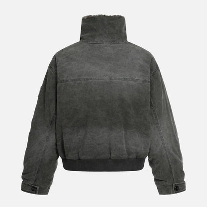 Vintage Distressed Denim Padded Fur Collar Jacket
