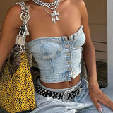 Y2K Button-Up Denim Bustier Top