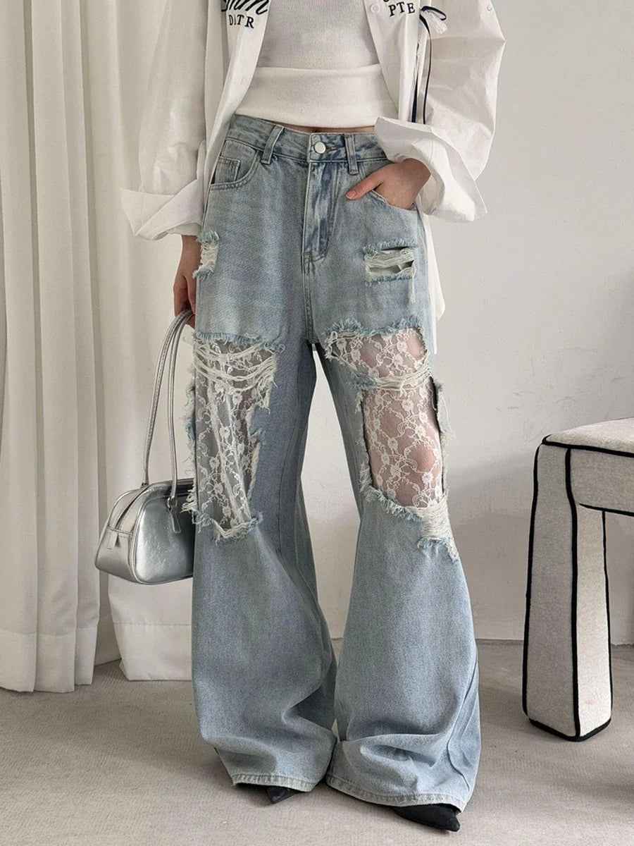 Women Retro Chic Lace Baggy Jeans