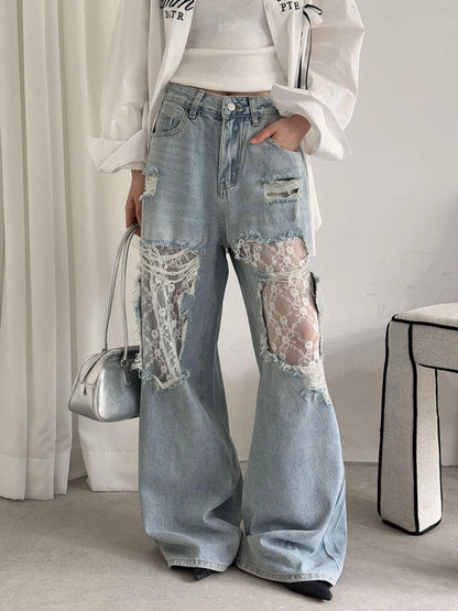 Women Retro Chic Lace Baggy Jeans
