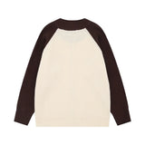Contrast Paneled Letter Crew Neck Embroidered Cardigan