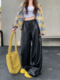 Y2K Urban Relax Preppy High Waist Leather Pants