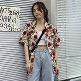 Women Korean Style Vintage Rose Print Short Sleeve Shirt