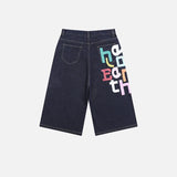 Vintage Letter Print Wide Leg Washed Denim Jorts