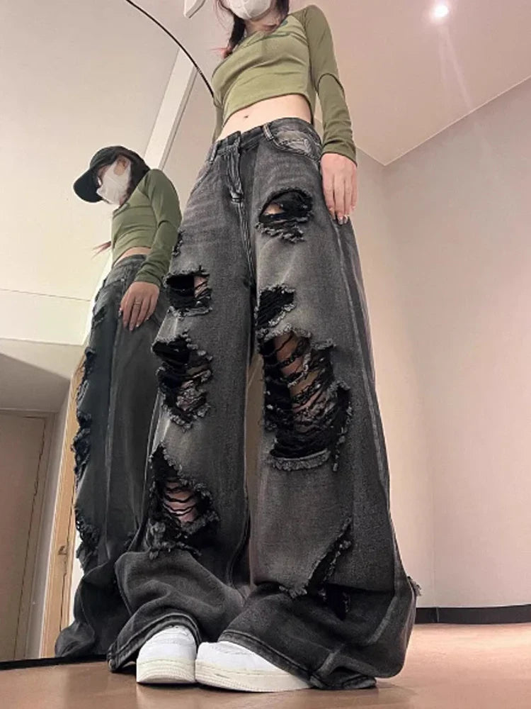 Vintage Oversize Cutting Ripped Denim Jeans
