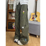 Streetwear Flower Embroidered High Waist Cargo Jeans