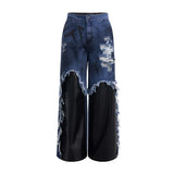 Unique Patchwork Leather Painted Wide Leg Jeans