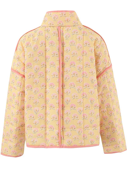 Women Retro Floral Yellow Padded Jacket