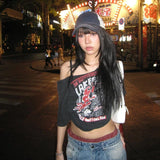 Y2K Letter Print Off Shoulder T-Shirt