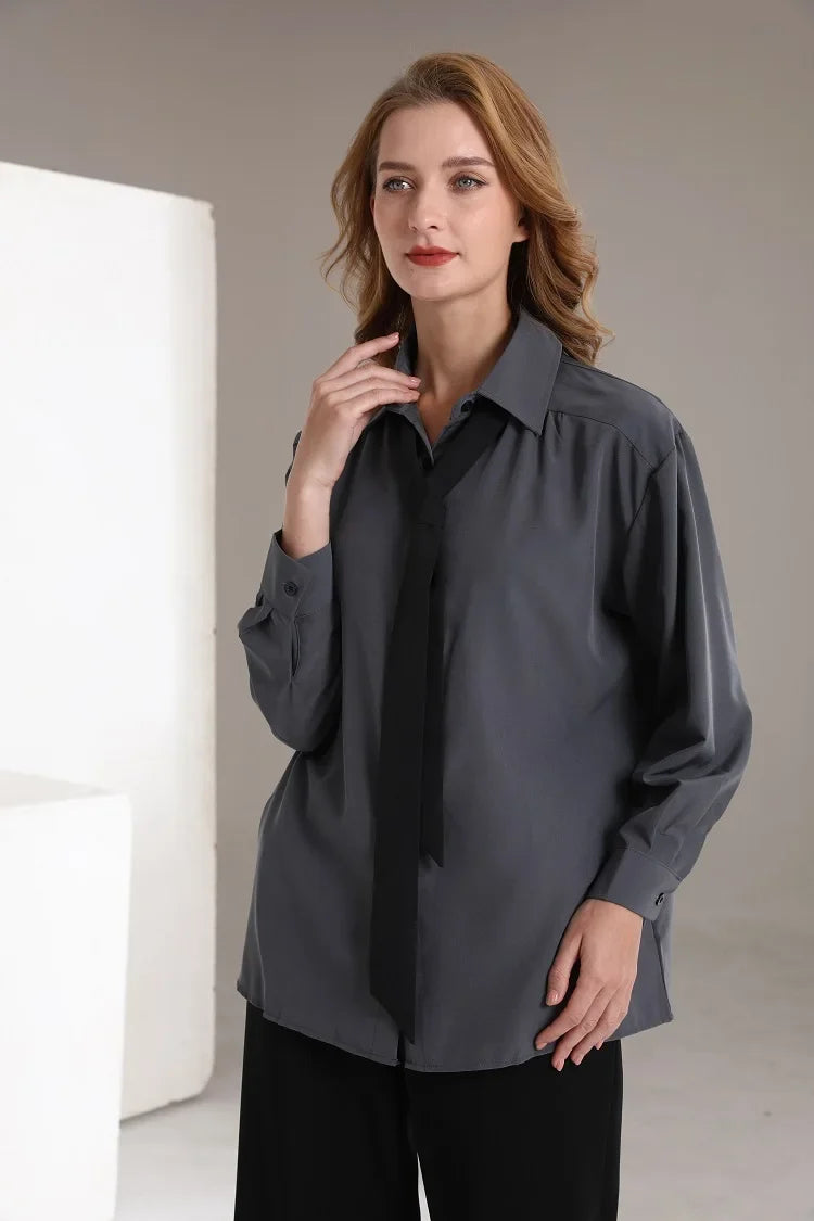 Model wearing the gray Casual Loose-Fit Shirt With Tie
