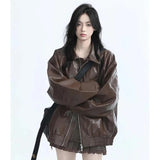 Women Vintage Zipper Faux Leather Jacket