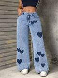 Y2K Heart Print Mid-Waisted Casual Jeans