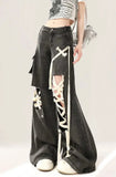 Black Strap Ripped Wide Jeans