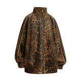 Leopard Zipper Retro Stand-Up Collar Suede Jacket
