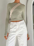 Crew Neck Solid Slim Long Sleeve Crop Top
