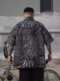 Vintage Style Letter Full Print Casual Short Sleeve Shirt