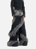 Luxury Double Waisted Fur Patchwork Ripped Denim Jeans