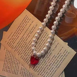 Bold Red Heart Pearl Choker Necklace