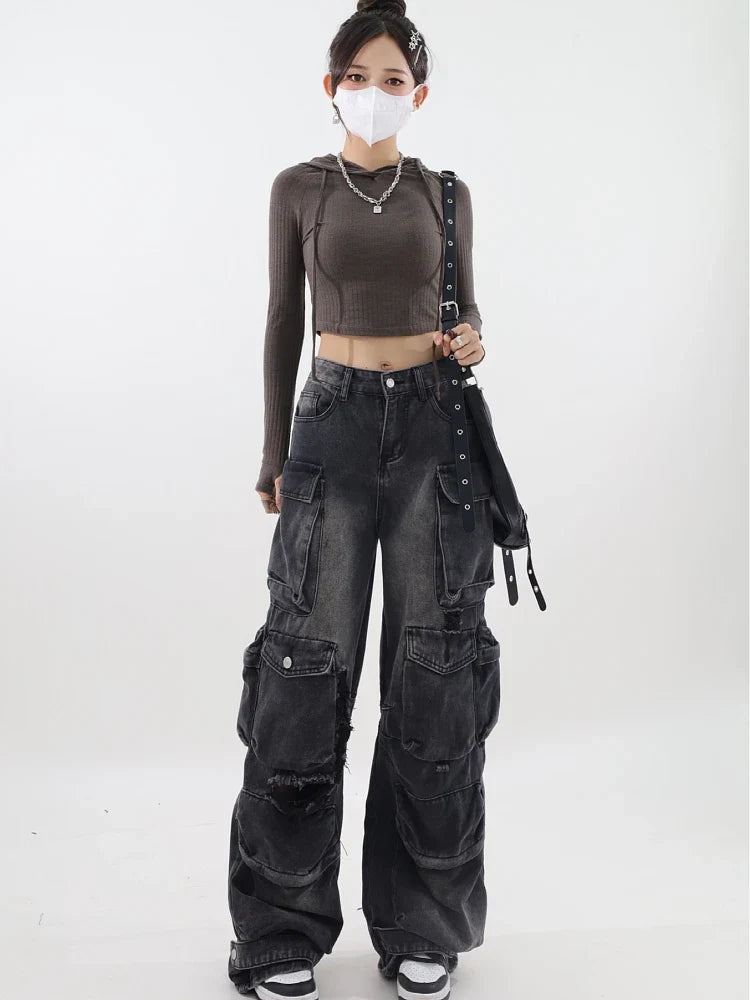 Y2K Belted Dark Wash Cargo Jeans