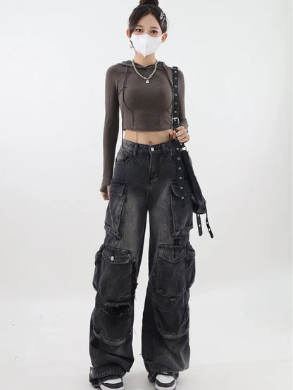 Y2K Belted Dark Wash Cargo Jeans